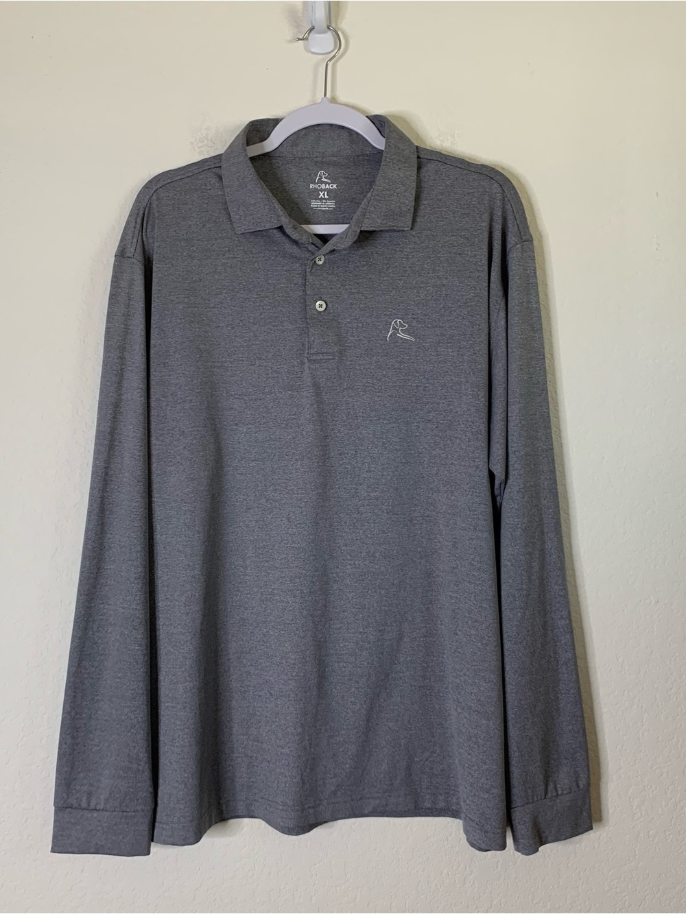 Rhoback Mens Gray long sleeve polo shirt collared solid knit logo button XL
